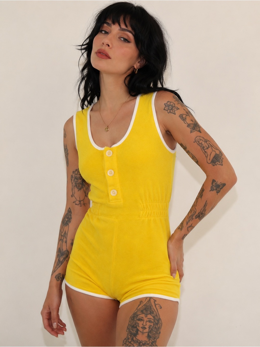 Hammies Yellow Terry Romper with White Trim
